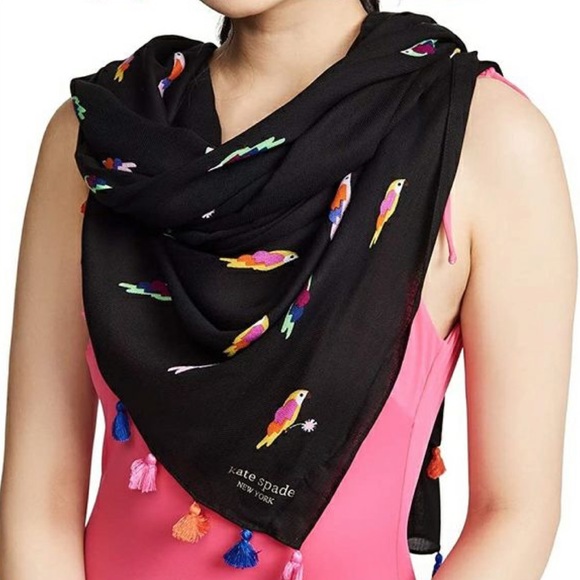 Kate Spade Black Multicolor Birds Scarf with Pompom Fringe Edge - Picture 1 of 13